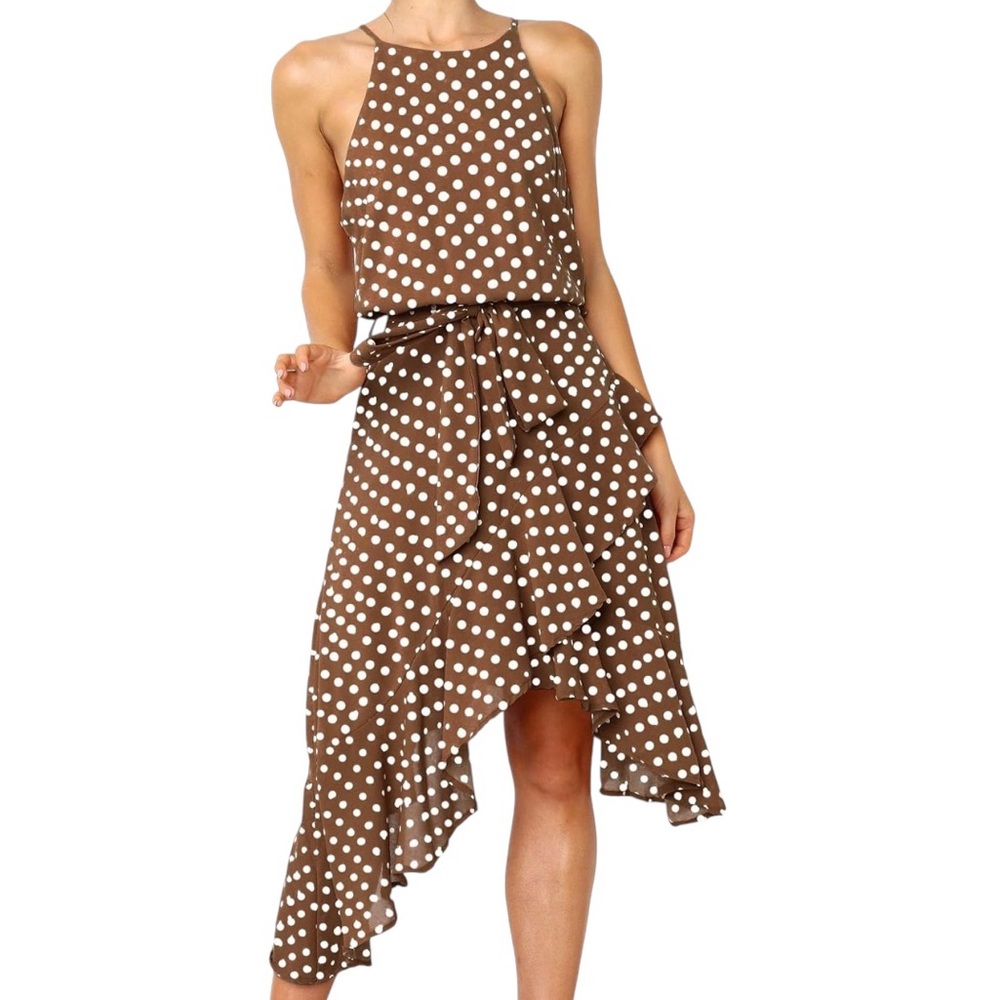 Ecowish Polka Dot Sundress Md Brown White Hi Low Flowy Lightweight Pretty Woman - Picture 12 of 12